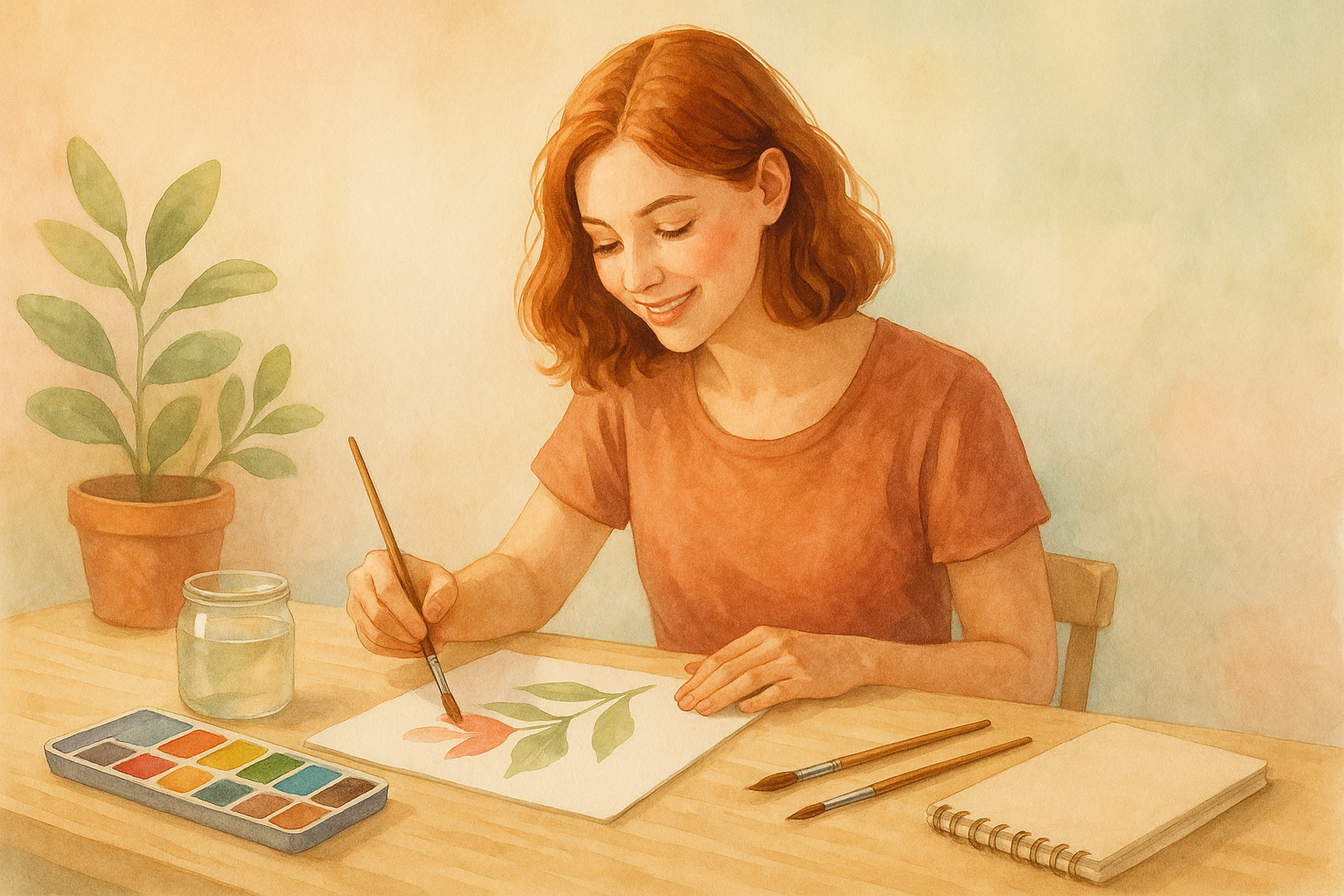 Illustration of a woman painting with watercolors at a table.