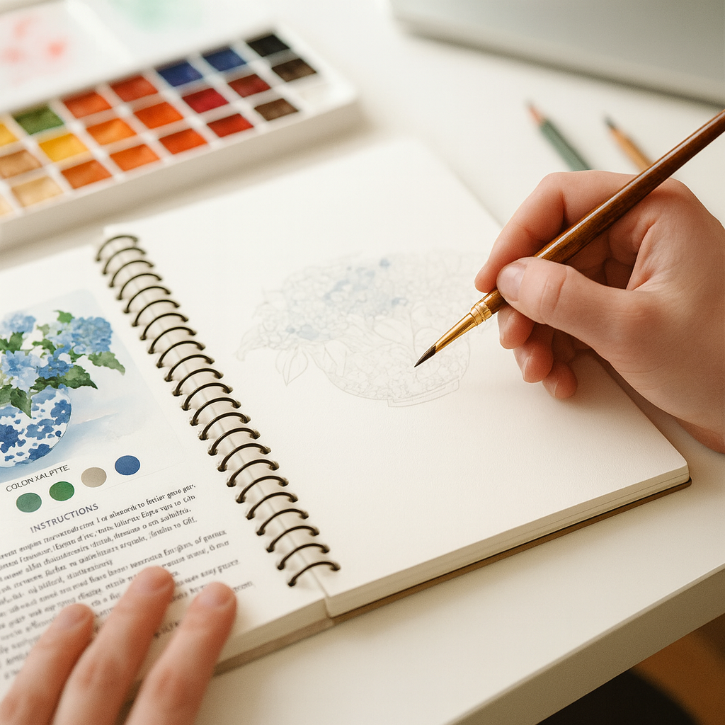 Person holding a paintbrush over an open art book with watercolor paints and pencils on a table.