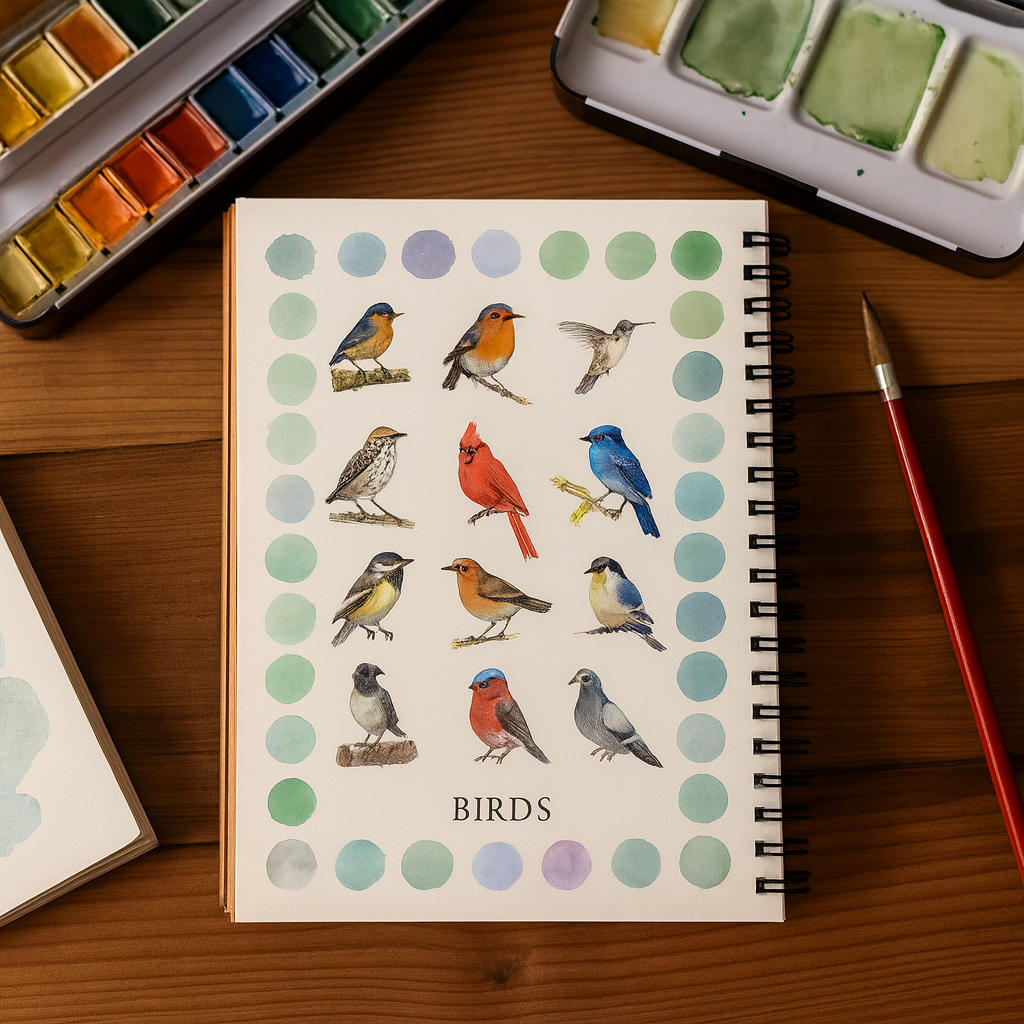 Notebook with bird illustrations on a wooden surface with watercolor sets and a paintbrush.